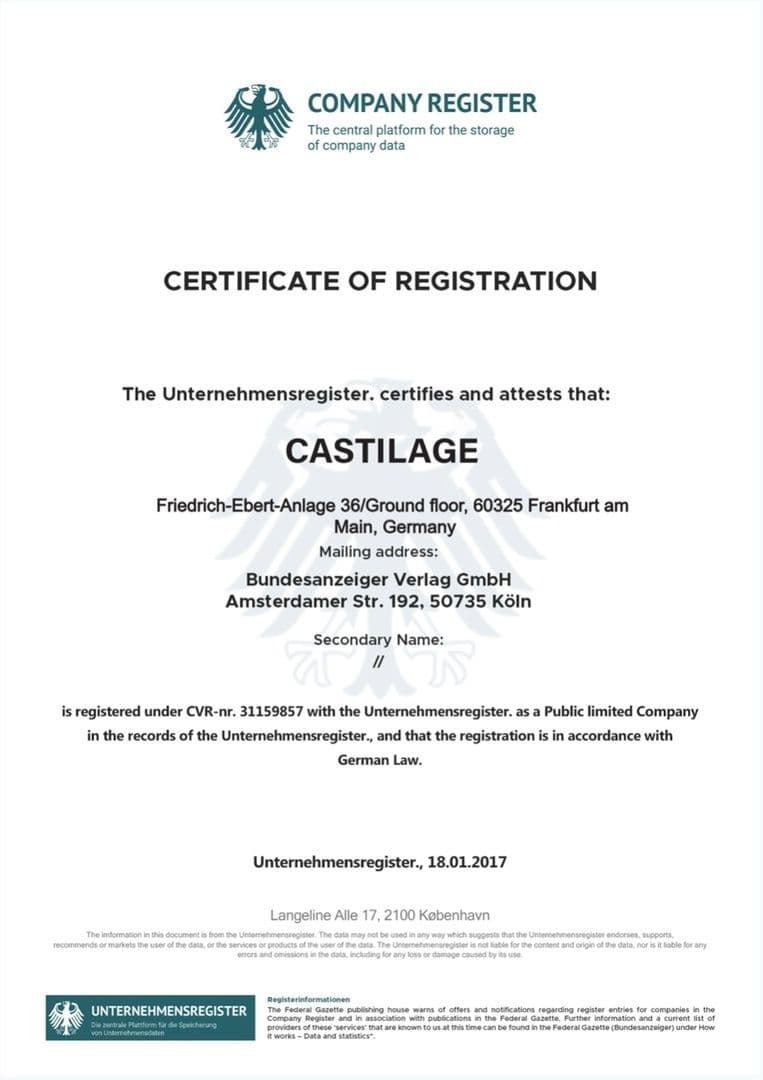 Gefälschtes Registrierungszertifikat von Castilage
