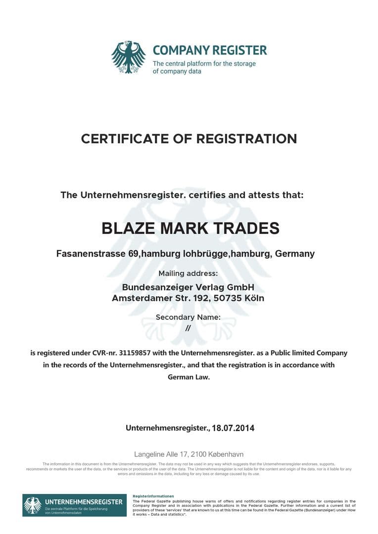 Zertifikat von Blaze Mark Trades
